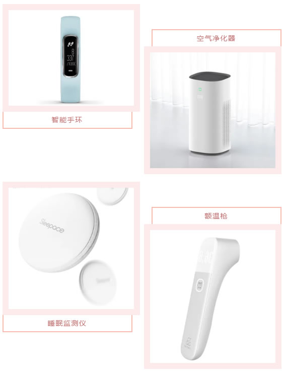 智能手环、空气净化器、睡眠监测仪、额温枪
